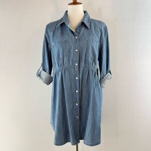 Style & Co. Cotton Chambray Denim Snap Front Roll Tab Sleeve Shirt Dress NWT